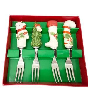 set of 4 holiday Dessert Forks All The Trimmings Christmas tableware dining